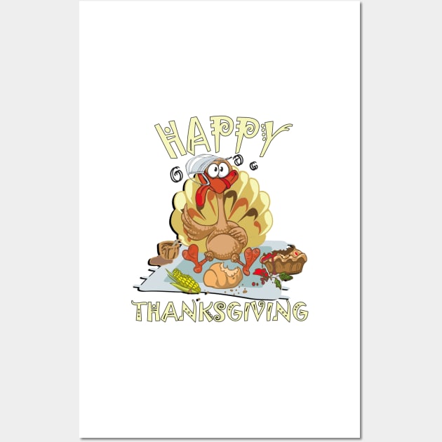 Thanksgiving Funny Turkey with Face Mask on his head Graphic Leaves and Pumpkin Pie Autumn Design Happy Thanksgiving Wall Art by tamdevo1